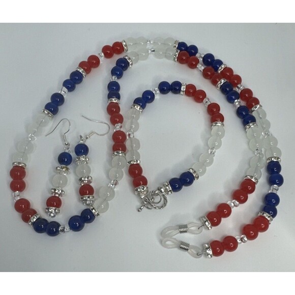 27" Eyeglass Chain Bracelet Earring Set Red White Blue Glass Beads Handmade - Picture 1 of 12